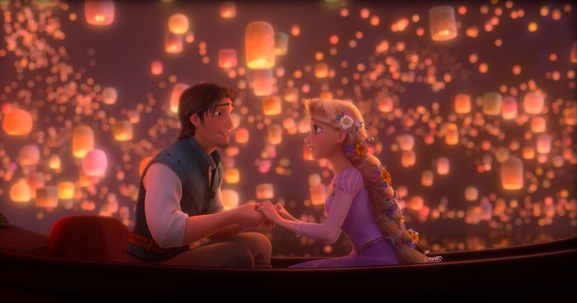 Rapunzel and Flynn holding hands in boat as paper lanterns flood the sky around them