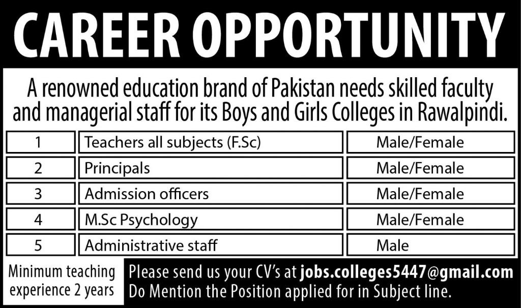 Career Opportunity in Rawalpindi for College