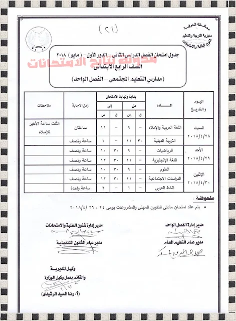 جدول إمتحانات الشهادة الابتدائية بمحافظة المنوفية 2018 أخر العام بالصور