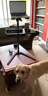 Couch desk set on a coffee table to make a standing desk