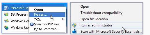 Windows 7, exécutant des programmes avec des droits élevés. Cliquez avec le bouton droit de la souris sur un élément et sélectionnez «Exécuter en tant qu'administrateur».