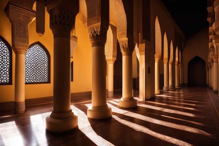 Columns in a mosque bathed in soft light illustrating the dream of a column in Islam