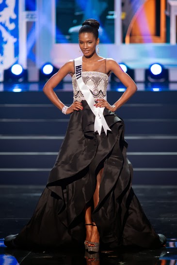 Miss Universe contestant Jaynene Jno Lewis from the British Virgin Islands  competes during the evening gown competition event at U.S. Century Bank  Arena, Florida International University in Miami, Florida on January 21,