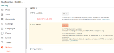 Blogger dashboard setting page HTTPS Availability option