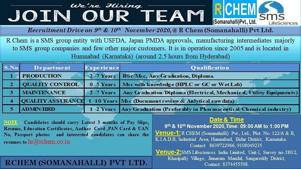 Job Availables, R Chem Pvt Ltd Job Opening For Msc/ Bsc - Production/ QC/ QA/ Maintenance Dept