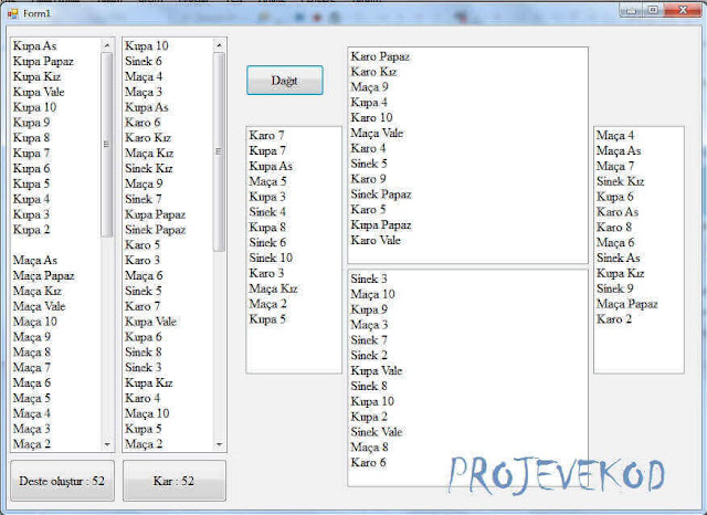 C# İskambil Kağıtları Dizisi oluşturduk bunun destesini oluşturma karma ve dağıtma işlemlerini kodladım ücretsiz indirebilirsiniz.