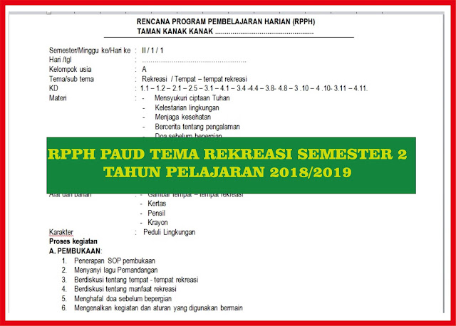 RPPH PAUD Tema Rekreasi Semester 2 Tahun Pelajaran 2018/2019