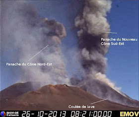 Le double panache de cendres du volcan Etna, 26 octobre 2013