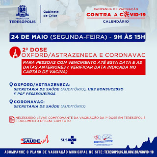 Teresópolis divulga calendário da vacinação contra COVID-19 de 24-05 a 26-05