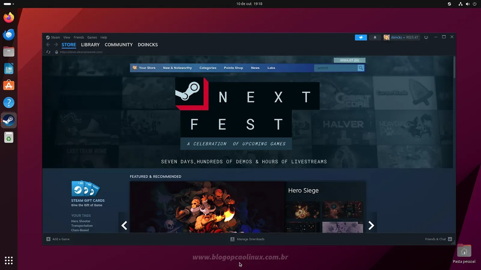Cliente Steam executando no Ubuntu 23.10 (Mantic Minotaur)