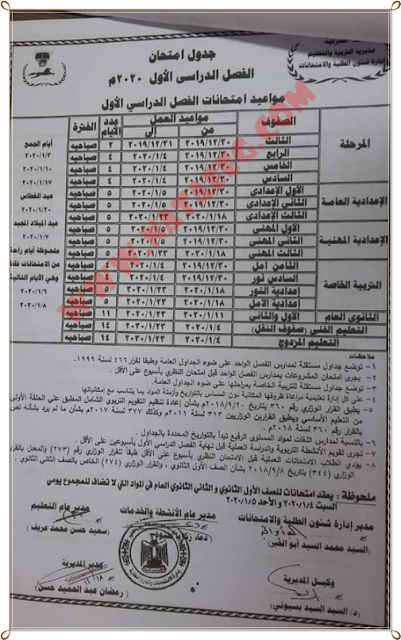 جدول امتحانات المرحلة الثانوية للصف الاول والثانى الثانوى 2019-2020 بمحافظة الشرقية