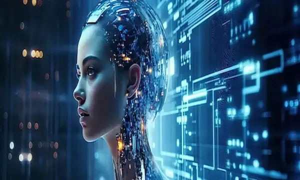 A human-like figure with a head made of digital elements, surrounded by complex circuitry and data streams. The face is obscured for privacy or ethical reasons.