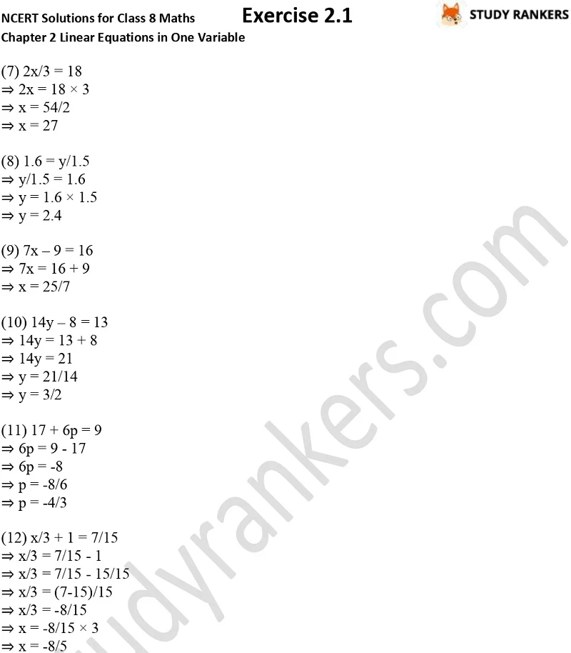 NCERT Solutions for Class 8 Maths Chapter 2 Linear Equations in One Variable Exercise 2.1 Part 2