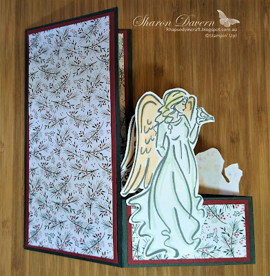 Rhapsody in craft, #heartofchristmas2021, fancy fold, fun fold card, balcony fold, balcony fold card, Angels of Peace, For Unto Us, Tidings of Christmas DSP, Tasteful Labels Dies, Merry Melody 3D Embossing Folder, Stampin' Up, Jul-Dec Mini 2021,Christmas Card, Christmas