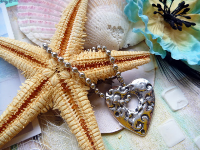 Beach Embellishment Cluster with Shells Flowers Starfish and Metal Heart Charm