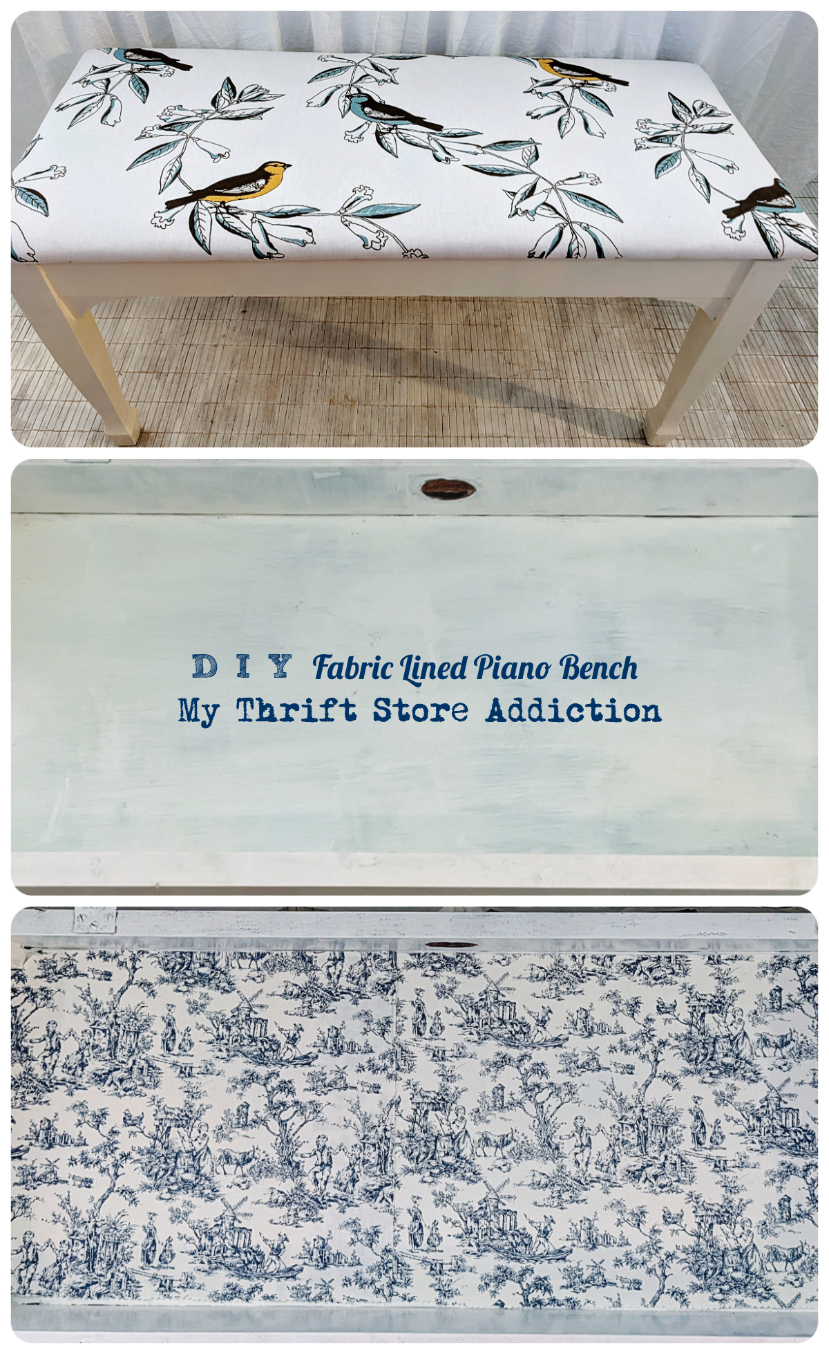 DIY fabric lined piano bench