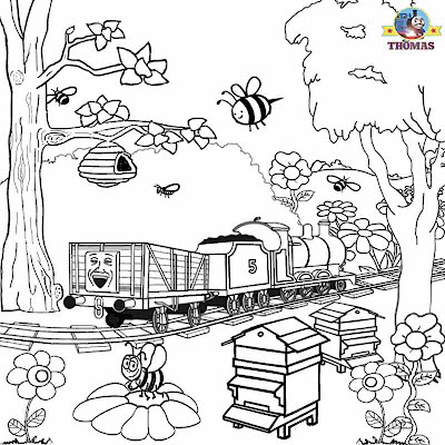 Cartoon image honey bumble bee train James and Thomas coloring pages for kids printable worksheets