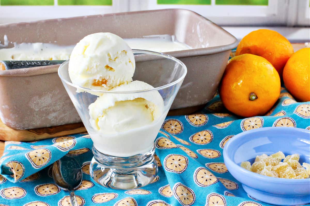 Lemon Ginger Ice Cream in a glass with the rest in a bread pan.