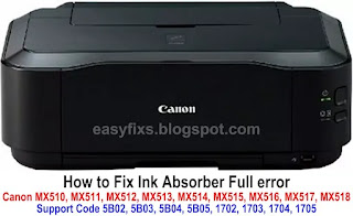 How to Fix Canon MX510, MX511, MX512, MX513, MX514, MX515, MX516, MX517, MX518 ink absorber full error, support code 5B02, 5B03, 5B04, 5B05, 1702, 1703, 1704, 1705