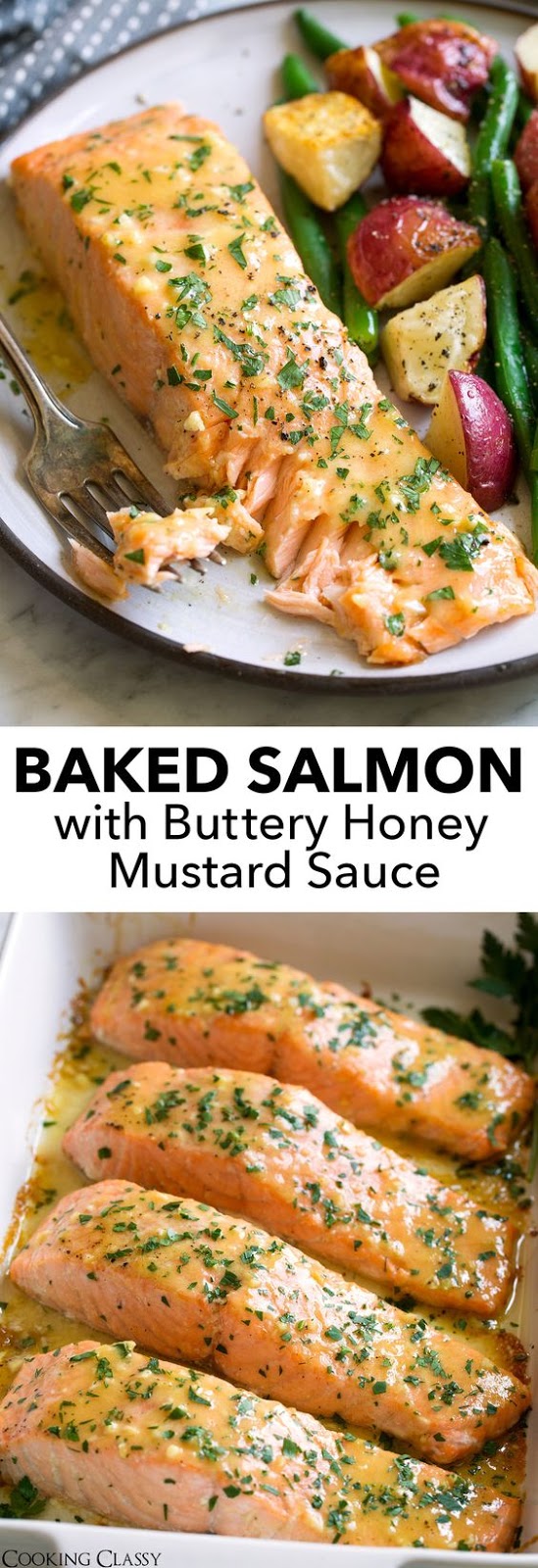 Baked Salmon with Buttery Honey Mustard Sauce - This is the easiest Baked Salmon with a sweet and tangy Buttery Honey Mustard Sauce! This recipe requires minimal effort, ONLY 5 basic ingredients, and the flavor is perfectly delicious. #salmon #bakedsalmon #healthyrecipe #dinner #easyrecipe 