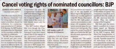 Cancel voting rights of nominated councillors : The leaders of BJP who met the advisor were Incharge of the Legal and Legislative Cell of the party Satya Pal Jain and former Union Minister Harmohan Dhawan along with councillors of the party.