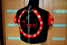 BLACK WITH RED ROUND NECK DESIGNER BLOUSE