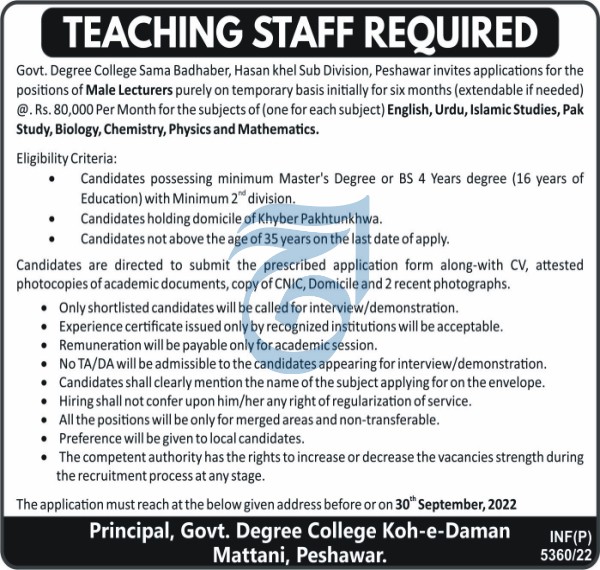 Latest Government Degree College Teaching Posts Peshawar 2022