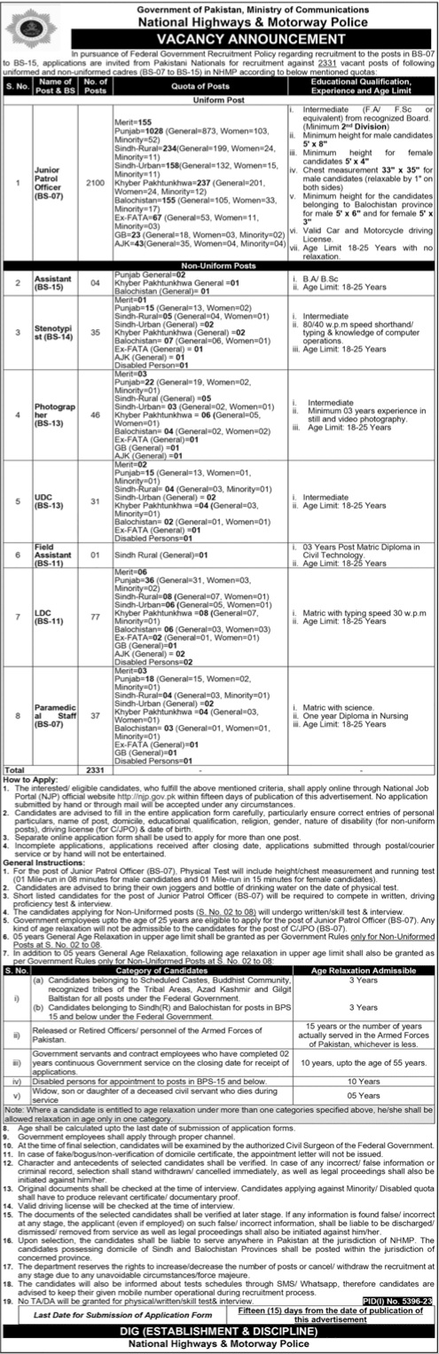 National Highway and Motorway Police Jobs Junior Patrol Officer, Assistant,Stenotypist, Photographer,UDC Senior Clerk, Field Assistant,LDC Junior Clerk, Paramedical Staff