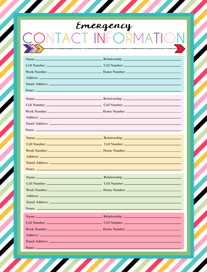 free printable emergency contact sheet i should be