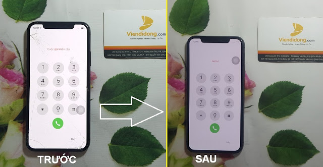 Ảnh chụp trước và sau khi ép kính iPhone X tại Viện Di Động