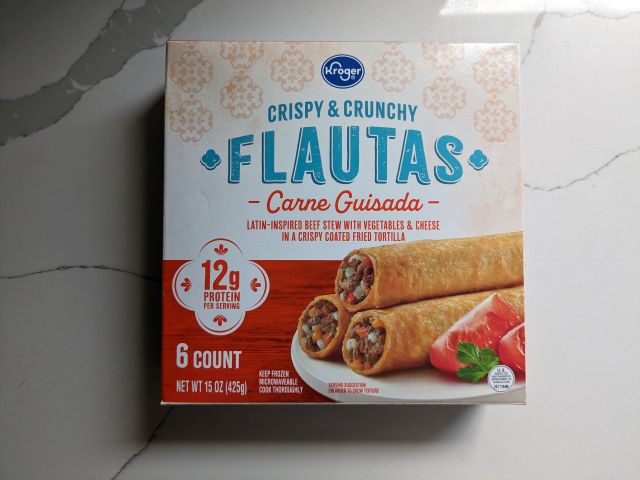 A box of Kroger Carne Guisada Flautas.