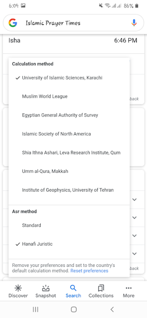 Islamic Prayer Times Standarad on Google Search