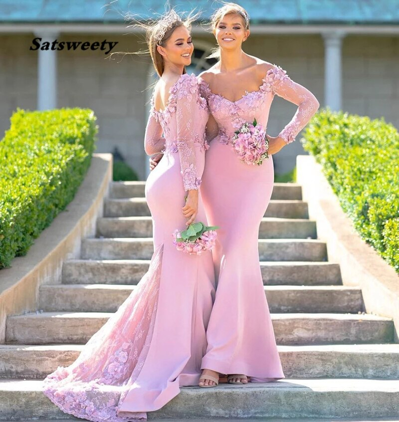 New 3D-Floral Appliques Mermaid Bridesmaid Dresses Lace Elastic Satin Bridesmaid Dresses Party Prom Gowns New