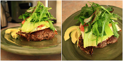paleo beef burger with egg, tomato and lettuce