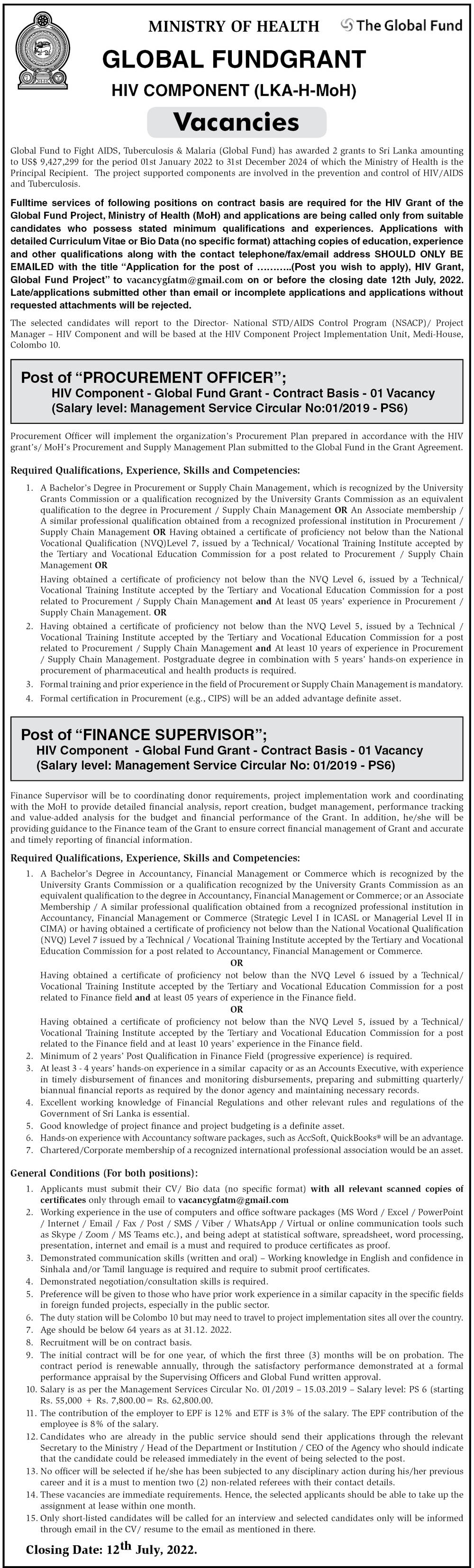 HEALTH MINISTRY PROJECT JOBS