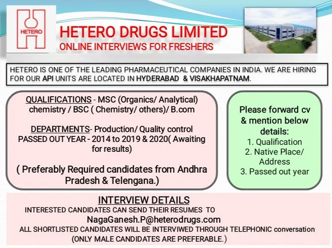 Hetero Drugs Ltd Online job Interviews for Production, Quality Control