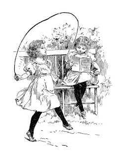 [image Description] Line drawing of two girls in dresses with puff sleeves and black stockings. One is playing with a skip rope and the other is reading a newspaper.