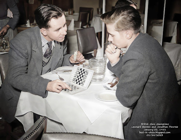 British chess champions Jonathan Penrose and Leonard Barden ponder over a portable travel game in a restaurant, January 02, 1951.