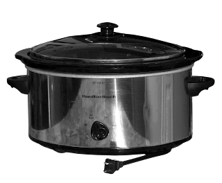 A brushed stainless steel and black oval crock pot.