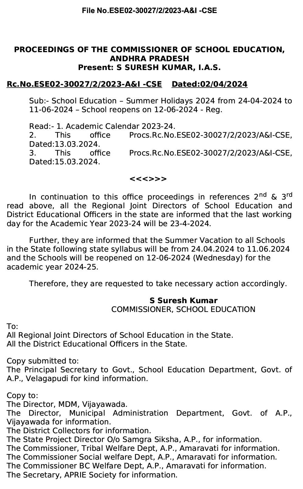 AP Schools Summer Holidays from 24th Apr to 11th June, Reopening on 12th June Orders Released