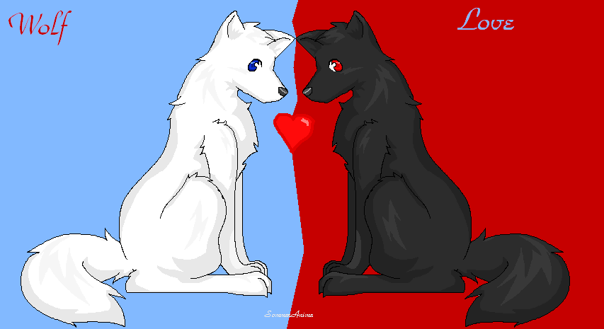 red anime wolf pup. white anime wolf with wings