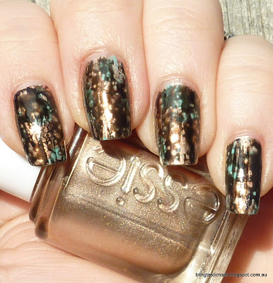 OPI Black Spotted over Essie Penny Talk and China Glaze For Audrey