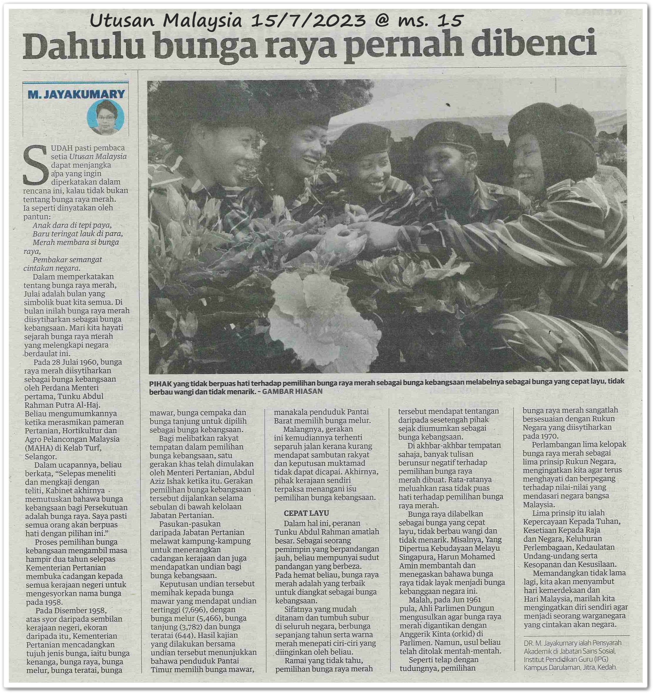 Dahulu bunga raya pernah dibenci - Keratan akhbar Utusan Malaysia 15 Julai 2023