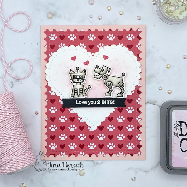 Love You 2 Bits | Valentine Robot Dog & Cat Card by Tina Herbeck | Love Bots Stamp Set, Love & Woofs Paper Pad, Heart Frames Die Set, Framework Die Set and A7 Frames & Banners Die Set by Newton's Nook Designs #newtonsnook #handmade