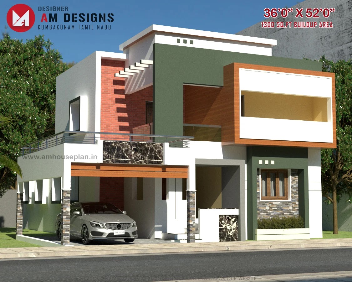 36 x 52 size Modern elevation designs for double floor Indian houses