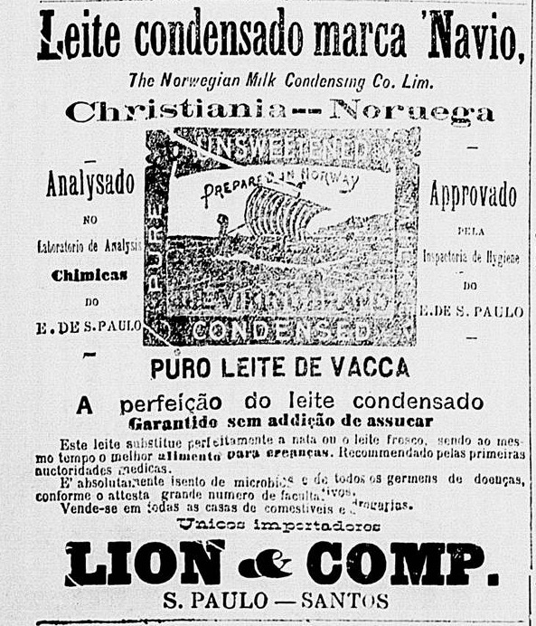 Campanha veiculada em 1897 apresentando o Leite Condensado da marca Navio