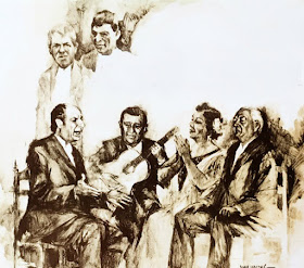 JUAN TALEGA EN UNA PINTURA DE JUAN VALDÉS CON ANTONIO MAIRENA, NIÑA DE LOS PEINES MELCHOR DE MARCHENA,  MANUEL TORRE Y JOAQUÍN EL DE LA PAULA