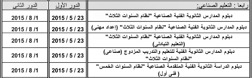 جدول ومواعيد امتحانات المدارس الثانويه الفنيه الصناعي 2015 "نظام الثلاث والخمس سنوات"