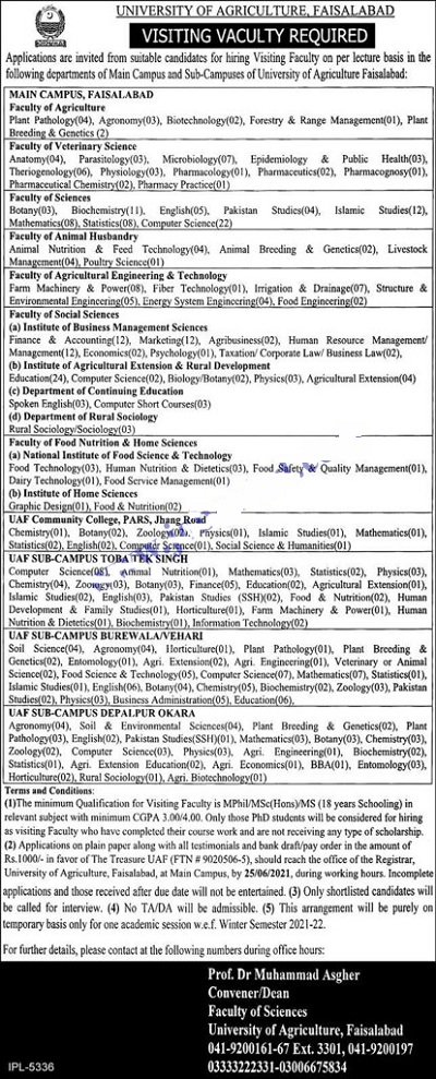 Agriculture University Faisalabad UAF Jobs 2021 in Pakistan