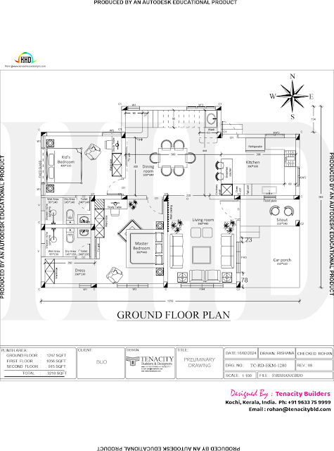Ground floor plan of the elegant 3-storey residence in Kakkanad, Kerala, featuring spacious living areas, two bedrooms with attached toilets, an open kitchen, and a cozy sit-out
